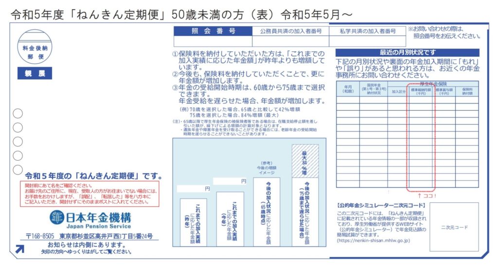 ねんきん定期便の例（日本年金機構HPから）